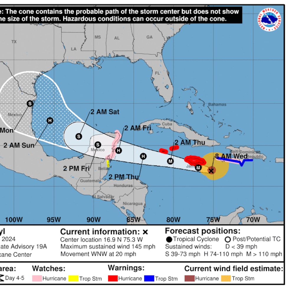 El huracán Beryl podría dejar entre cuatro a ocho pulgadas, con cantidades aisladas de 12 pulgadas, en Jamaica a partir del mediodía.