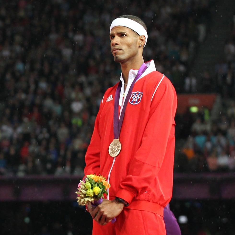 Javier Culson on the podium with his bronze medal at the London 2012 Olympic Games.
